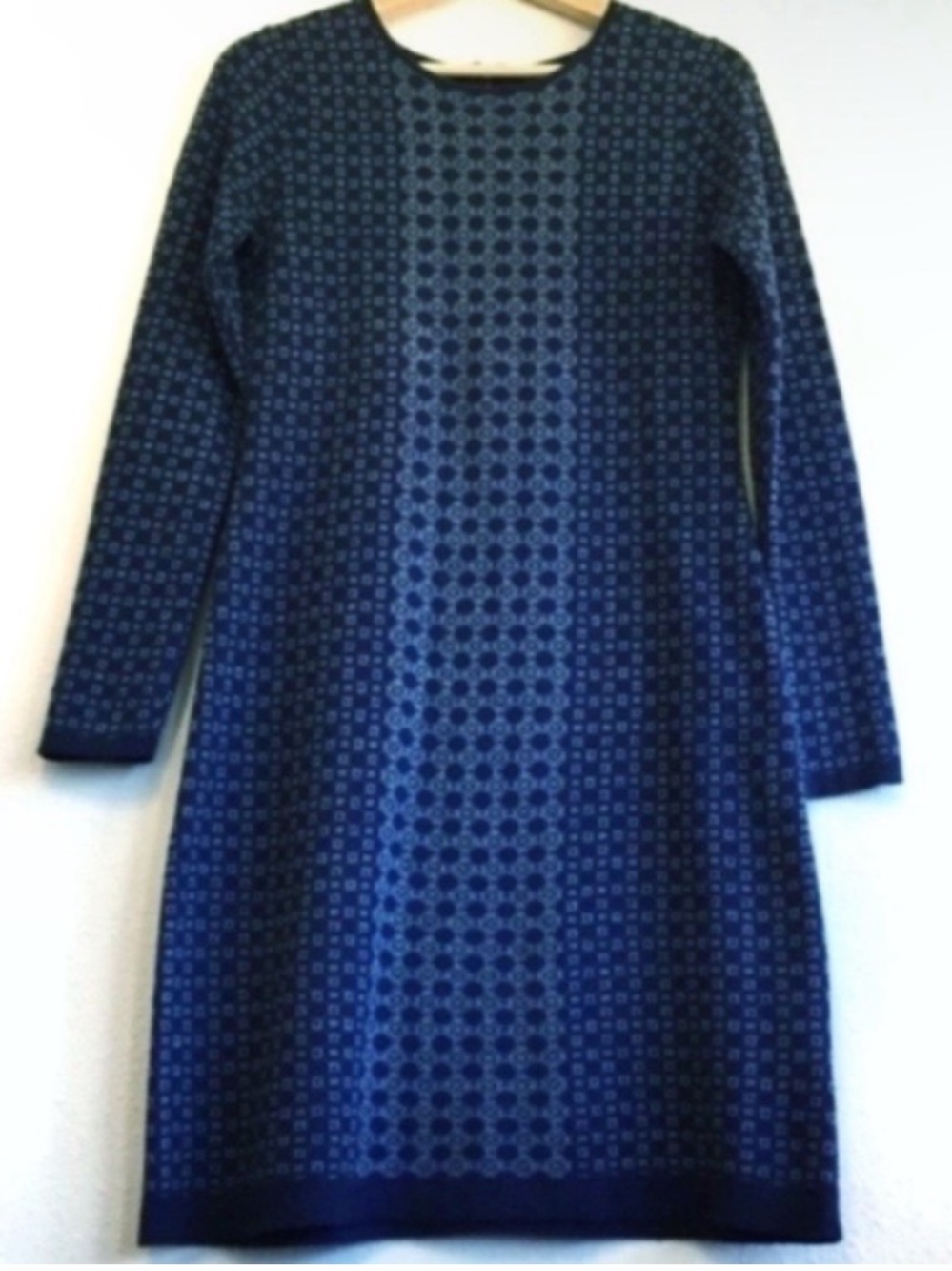 Cynthia Rowley Blue Patterned Long Sleeve Sweater Dress Geometric Pattern Size S